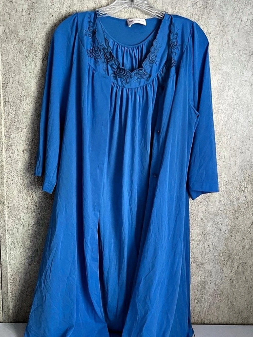 Vtg Shadowline Peignoir Blue Nightgown Robe Set Embroidered Lingerie Ladies S